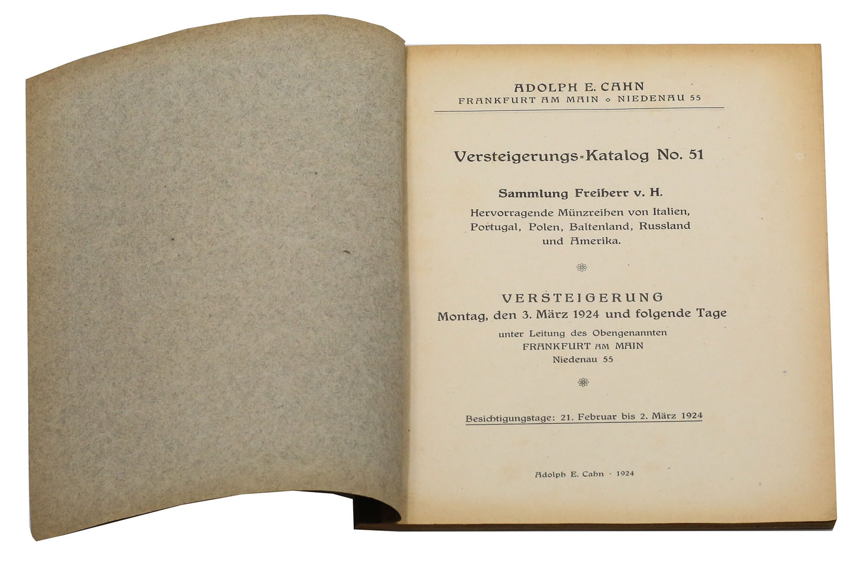 Katalog aukcyjny Adolph E. Cahn „Sammlung Freiherr v. H.” Frankfurt am Main, März 1924
